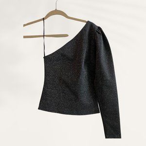 glittery black "Adika" one-shoulder top